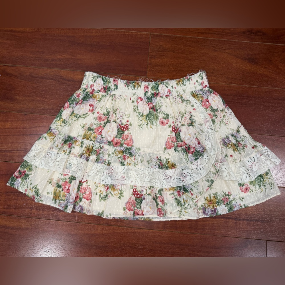 LoveShackFancy Floral Lace Mini Skirt in Cream and Pink